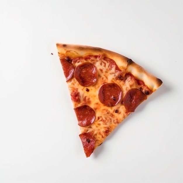 A slice of pepperoni pizza on a white background