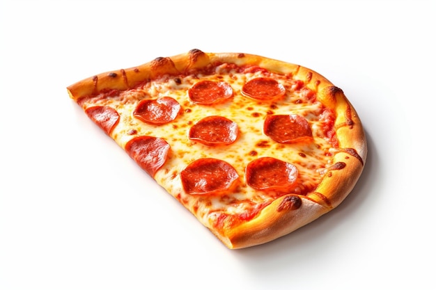 A slice of pepperoni pizza on a white background