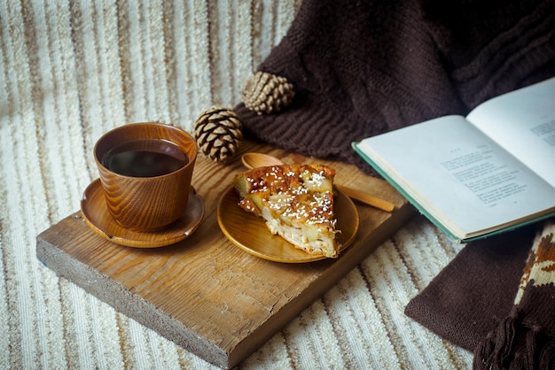 Slice pie tea and book