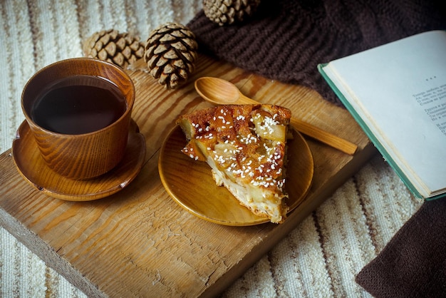 Slice pie tea and book