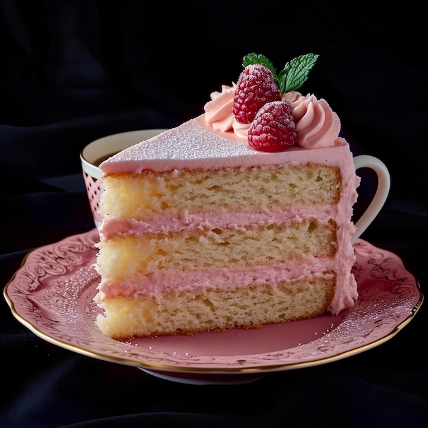 A slice of pink cake on a blue plate