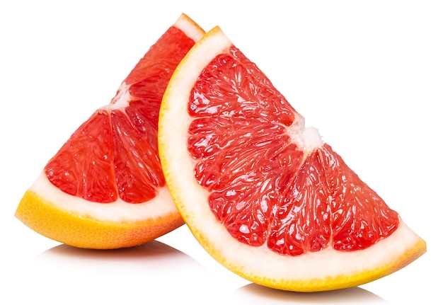 Slice of pink grapefruit citrus fruit isolated on white background with clipping path