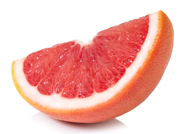 Photo slice of pink grapefruit citrus fruit isolated on white background with clipping path