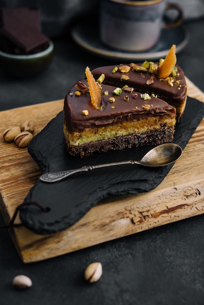 Slice pistachio cake on wooden board