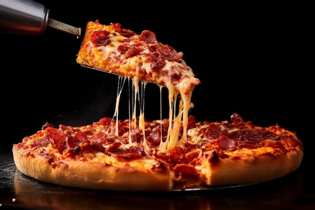 A slice of pizza being lifted out of the oven with a spatula