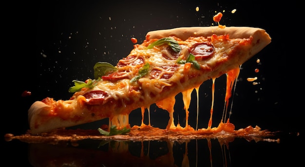 a slice of pizza on a black background