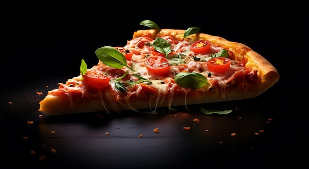 a slice of pizza on a black background