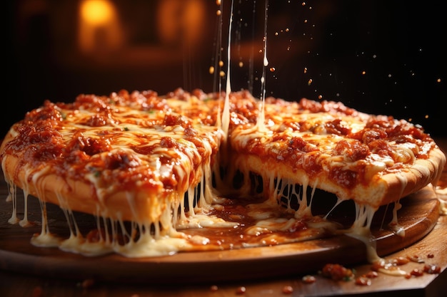 暗い背景にピザのスライスが空中に落ちる