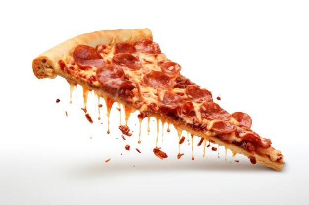 Photo slice of pizza flying on white background
