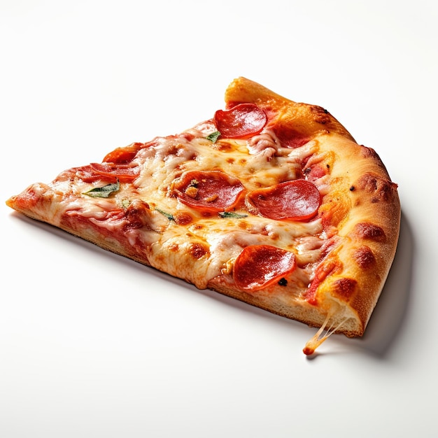 Slice of pizza is detaching from the main round pizza on a white background