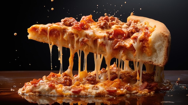 a slice of pizza is shown on a black background.