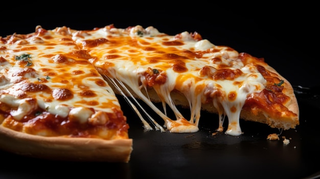 피자 한 조각 은 녹은 치즈 블랙 배경 을 가진 매우 맛있는 피자 이다