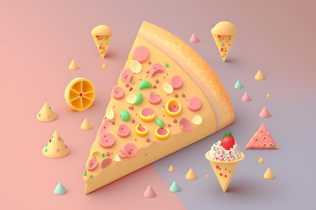 A slice of pizza with different toppings and a slice of pizza on a pink background.