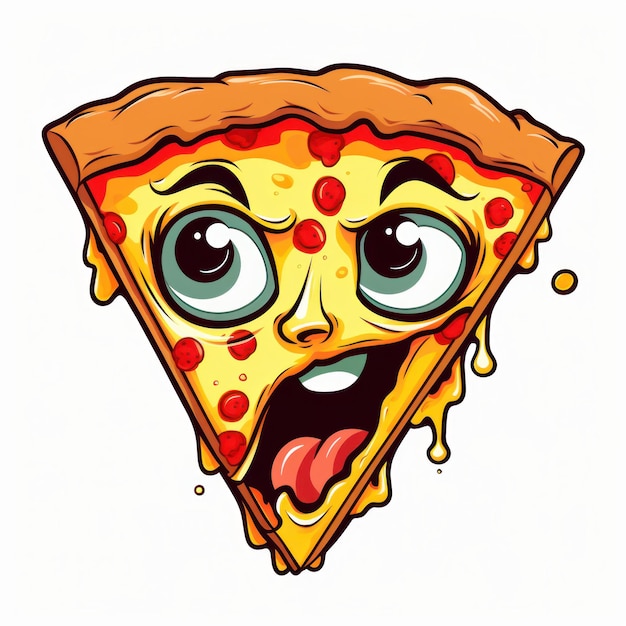 Photo slice of pizza with eyes and mouth cartoon style ai generated