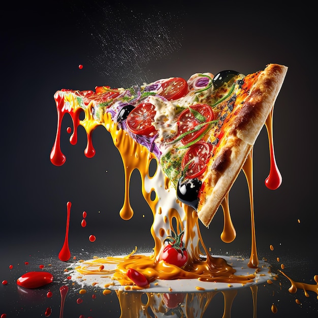 A slice of pizza with many toppings being poured over it.