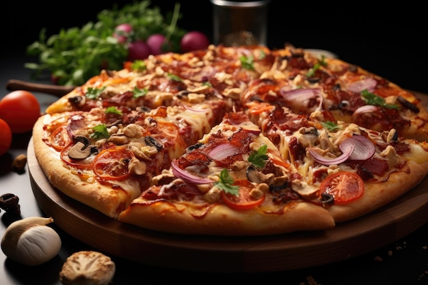 トッピングビューの明るい背景を持つスライスピザプロの広告食品写真