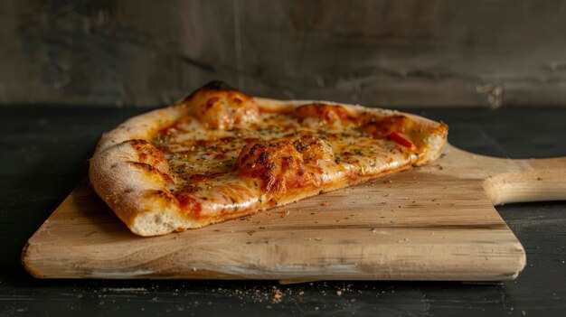 Slice of pizza on wooden cutting board