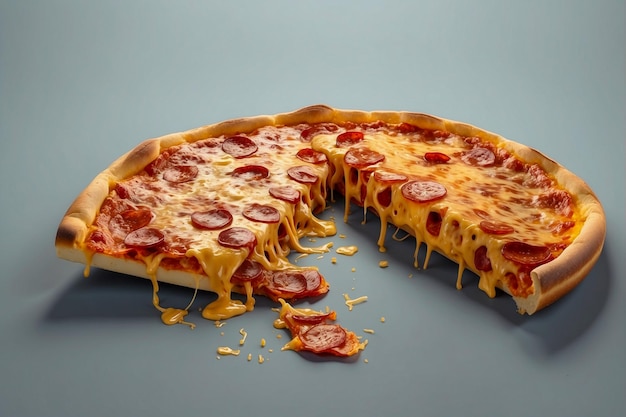 Slice pizza wordt opgeheven uit de pizzapan met gesmolten kaas zijzicht