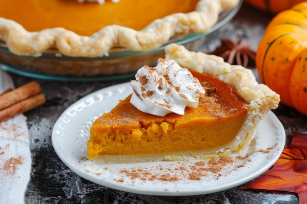 a slice of pumpkin pie topped with fluffy whipped cream a slice of pumpkin pie topped with whipped cream and cinnamon garnish
