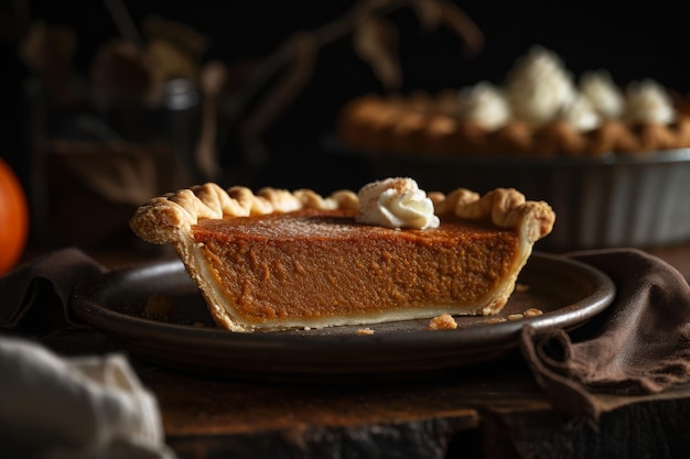 A slice of pumpkin pie with a cream cheese filling on top.