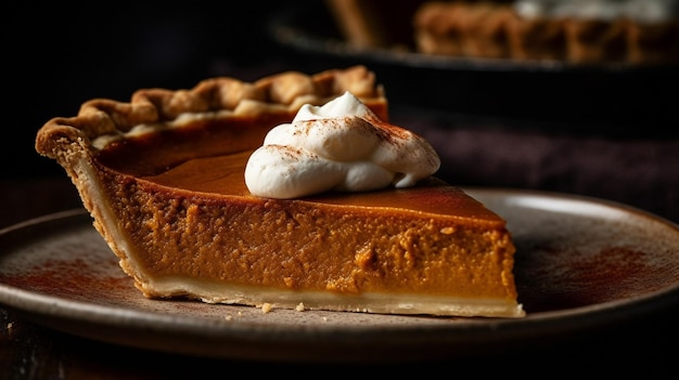 A slice of pumpkin pie with whipped cream on top