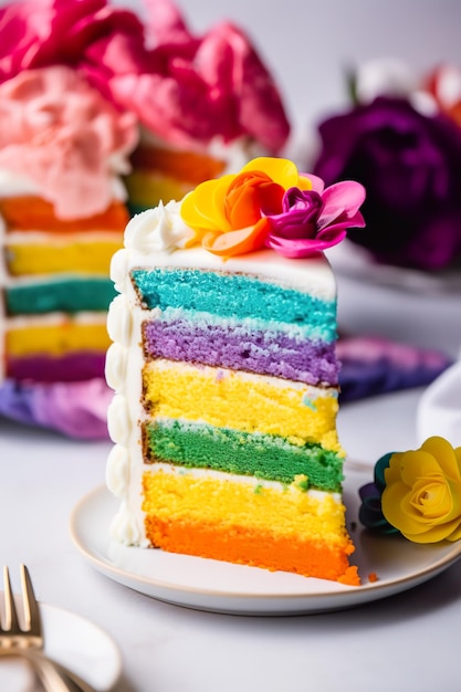 Slice of rainbow cake AI generative