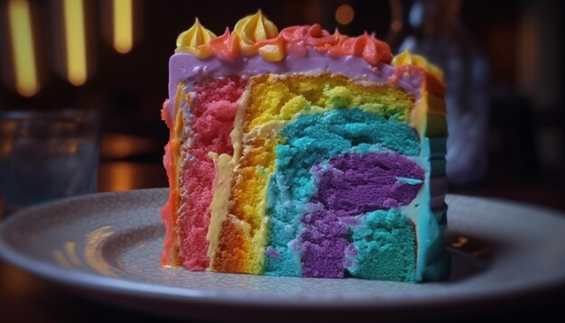 A slice of rainbow cake with the top layer removed.
