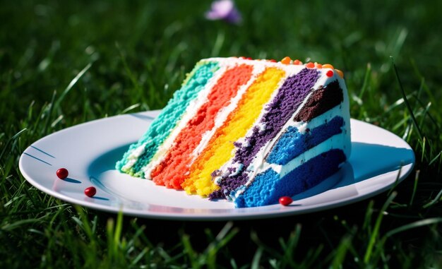 a slice of rainbow colored cake lies on a plate of grass in the style of flickr bold black lines