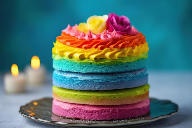 Foto una fetta di colorata torta a strati dell'arcobaleno adornata con coperture di caramelle