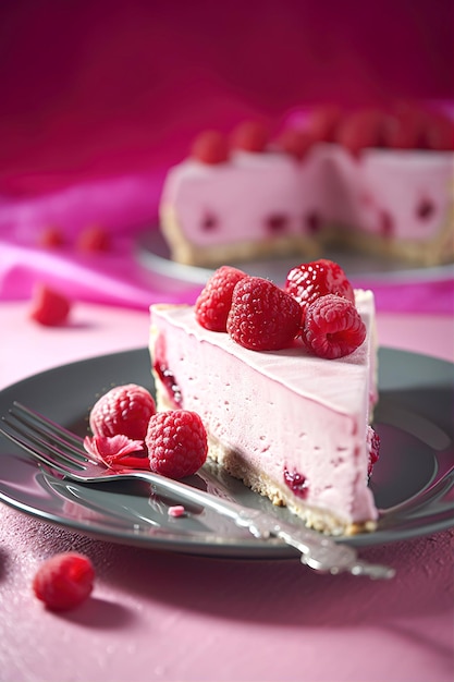 A slice of raspberry cheesecake on a plate