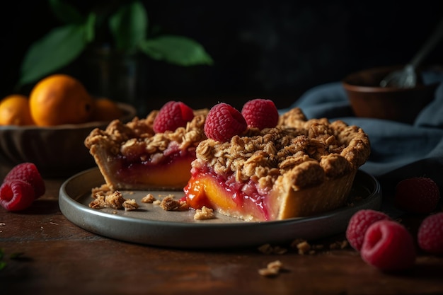 A slice of raspberry peach pie on a plate