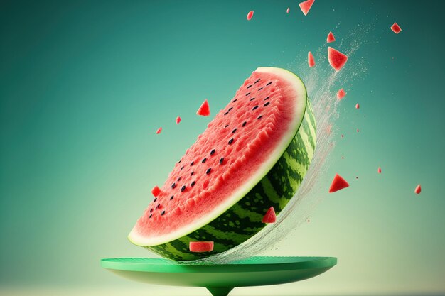 A slice of raw fresh watermelon falls in the air on a lush green background