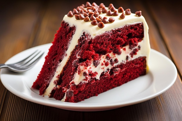 A slice of red velvet cake is shown on a red background