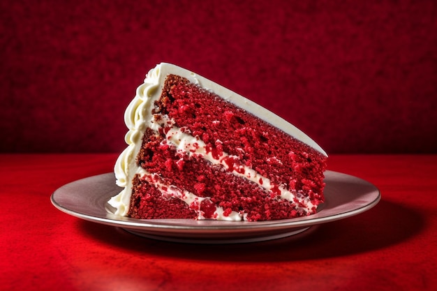 Foto una fetta di torta di velluto rosso è mostrata su uno sfondo rosso