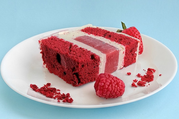 A slice of red velvet cake lieing on a plate