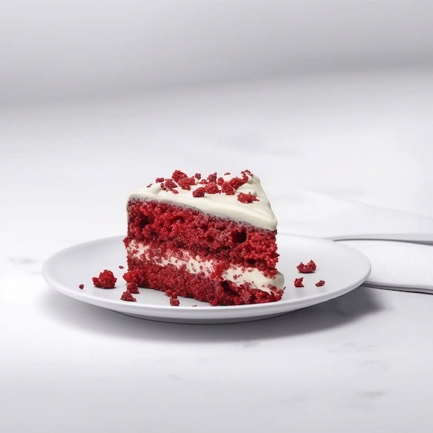 A slice of red velvet cake on a plate with a fork on the side.