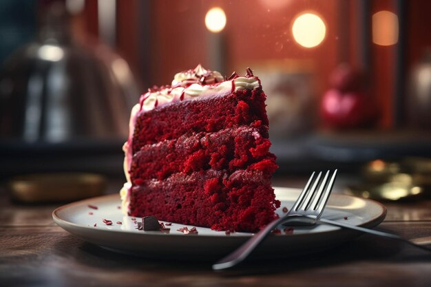 Кусок красного бархатного торта на тарелке с вилкой.