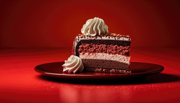 A slice of red velvet cake on a red background