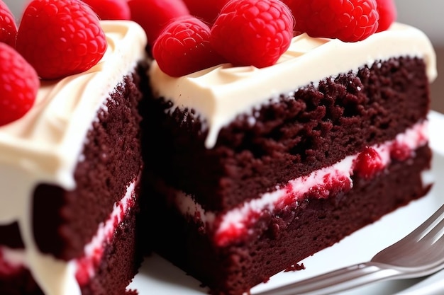 A slice of red velvet cake with raspberries on top