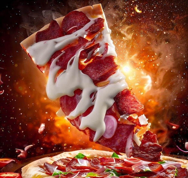 Slice Of Rich Beef Cheesy Pizza Floating With Explode Sparkling Fire Background