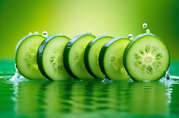 Foto una fetta di cetriolo verde maturo cade in acqua su uno sfondo verde.