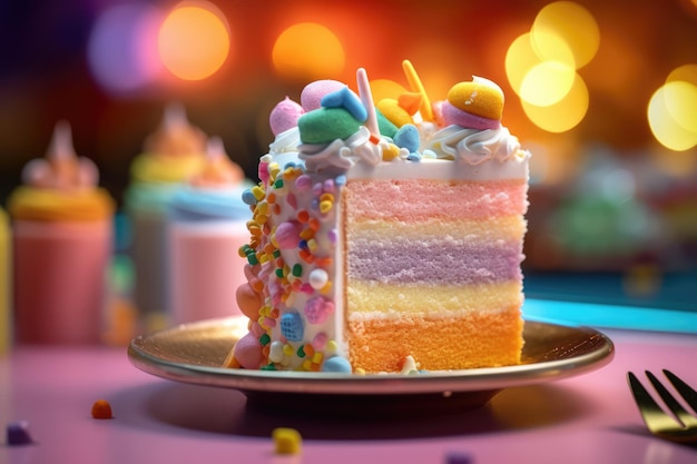 A slice of sixlayer rainbow cake with sprinkles