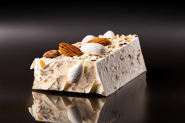 Slice of soft nougat with almonds