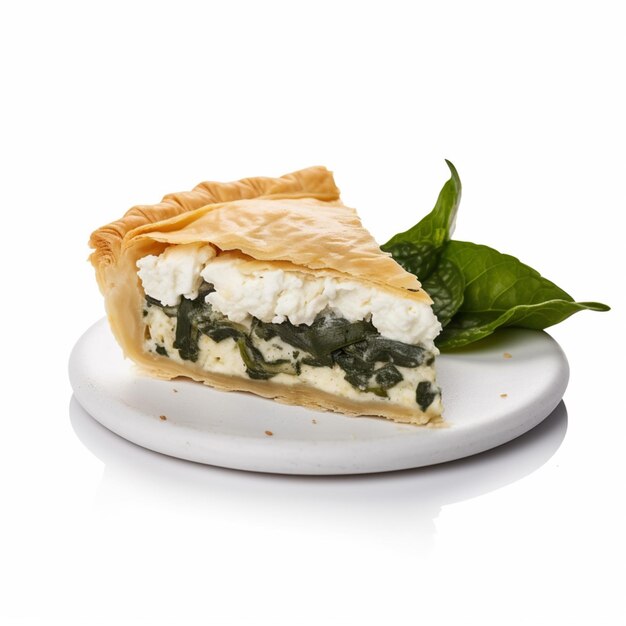 A slice of spinach and cheese pie on a plate with a green leaf.