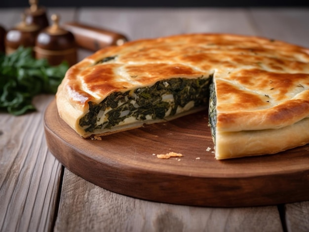 A slice of spinach pie on a wooden board