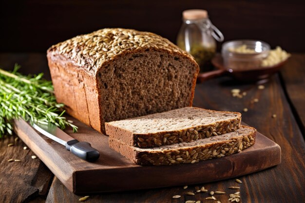 Slice of sprouted grain bread on rustic wood table