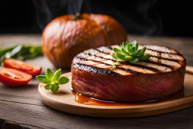 Foto una fetta di bistecca con verdure su una tavola di legno