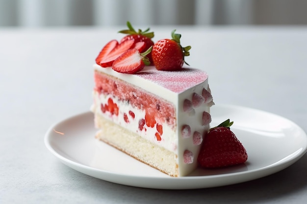 A slice of strawberry cake on a plate