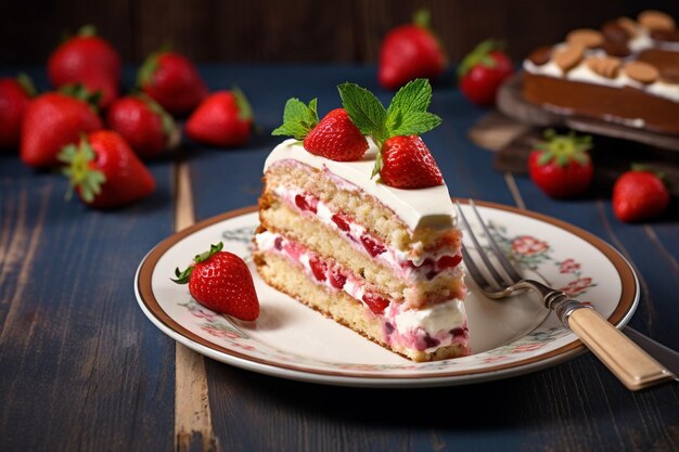 A slice of strawberry cake served with a side of passion fruit coulis