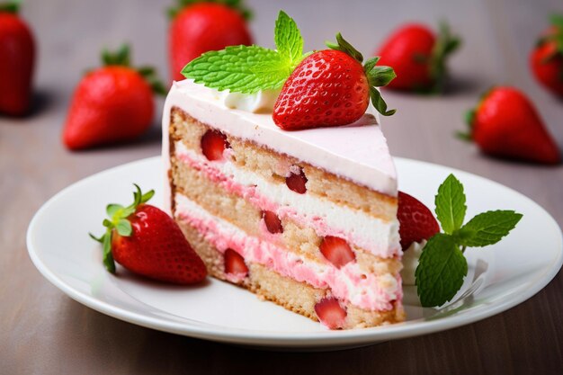 A slice of strawberry cake served with a side of passion fruit coulis